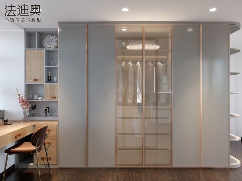 Custom Size Gray Blue Modern Bedroom Wardrobe Furniture With Golden Accents