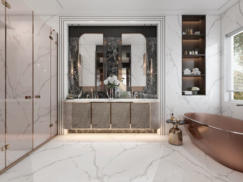 Luxurious Metal Sink Vanity Exquisite Marble Top Modern Bathroom Cabinet