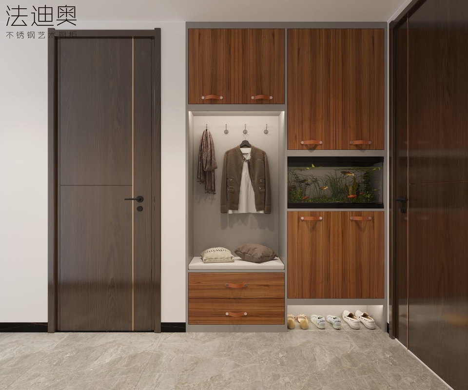 Full-Stainless Steel Shoe Cabinet With Leather Handles And Storage In Warm Walnut Finish