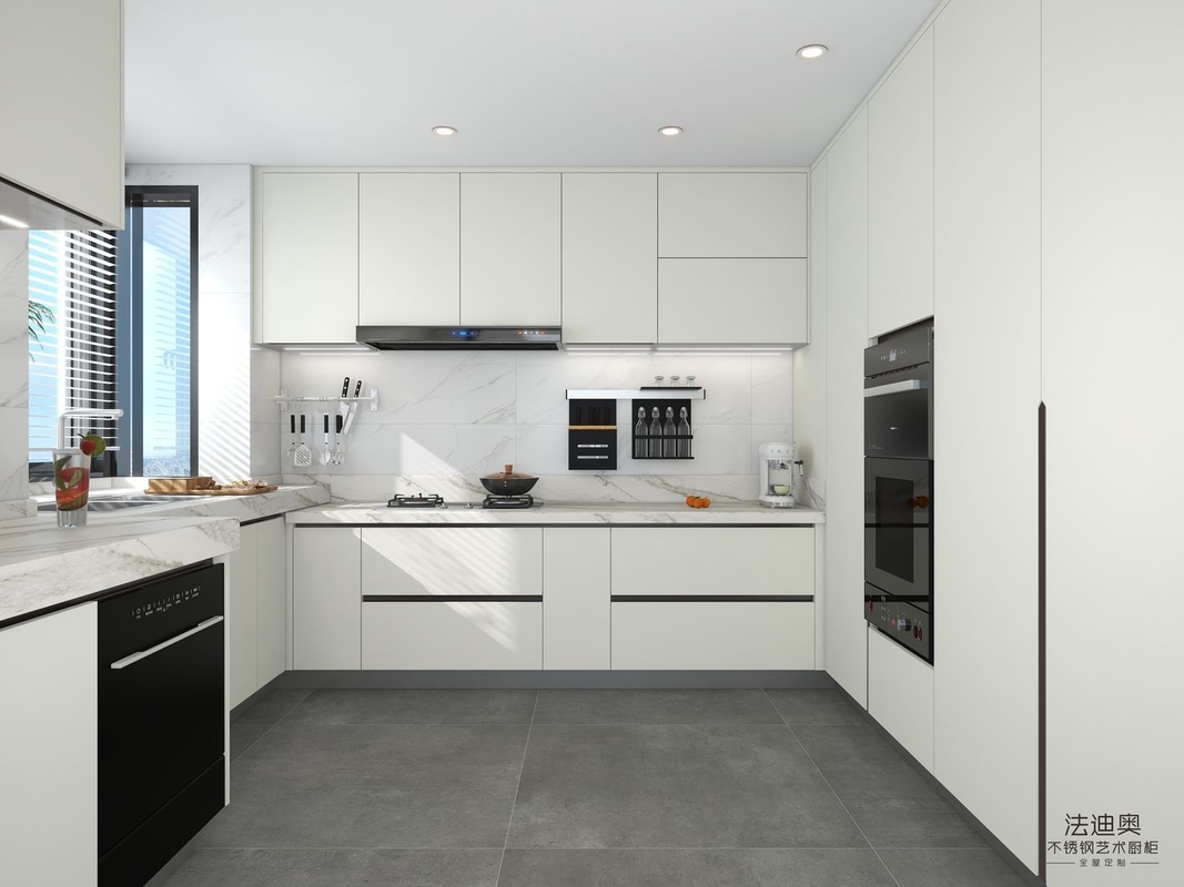 White Elegance Kitchen Cabinets With High-Low Sintered Stone Countertops