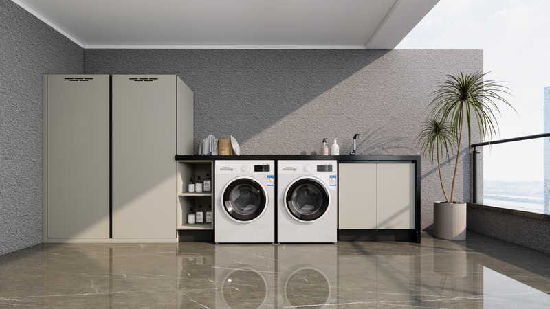 Beige Stainless Steel Balcony Storage Cabinet With Laundry Integration