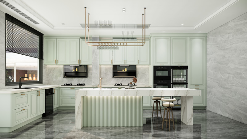 Elegant U-Shaped Mint Green Modern Kitchen Cabinet With Quartz Island