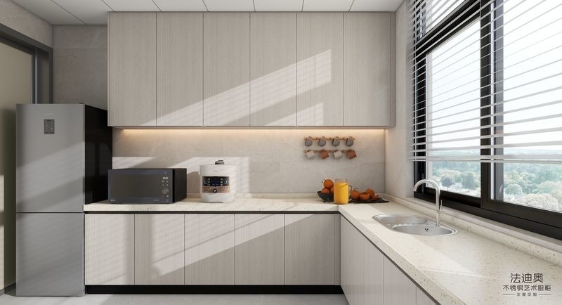 Durable and Stylish U-Shaped Wood Grain Stainless Steel Kitchen Cabinet