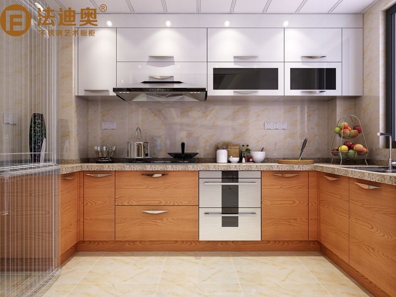 Short U-Shape Warm Wood Grain And White Kitchen Cabinet With Upward-Opening Door Design