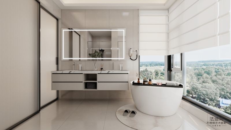 Sleek Design Stainless Steel Wall-Mounted Bathroom Vanity With Dual Sink And Smart Mirror
