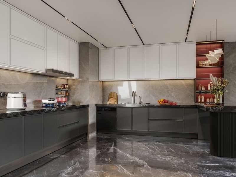 Modern Stainless Steel Kitchen Cabinet With Blush Red Accent And Extended Sinstered Stone Island