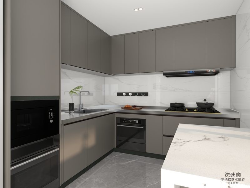 Brown Color Stainless Steel L-Shaped Kitchen Cabinets With Full-Height Design