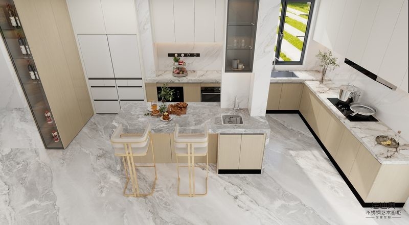 Wood Grain And White Stainless Steel U-Shaped Kitchen Cabinet With Multiple Storage