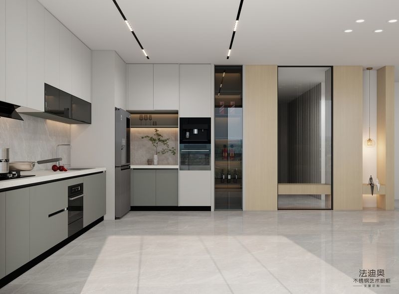 L-Shaped Layout Modern Stainless Steel Kitchen Cabinets With Functional Quartz Island