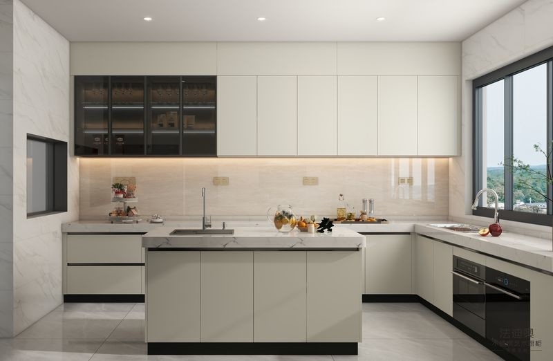 Off-White Stainless Steel U-Shaped Kitchen Cabinet With Seamlessly Integrated Design