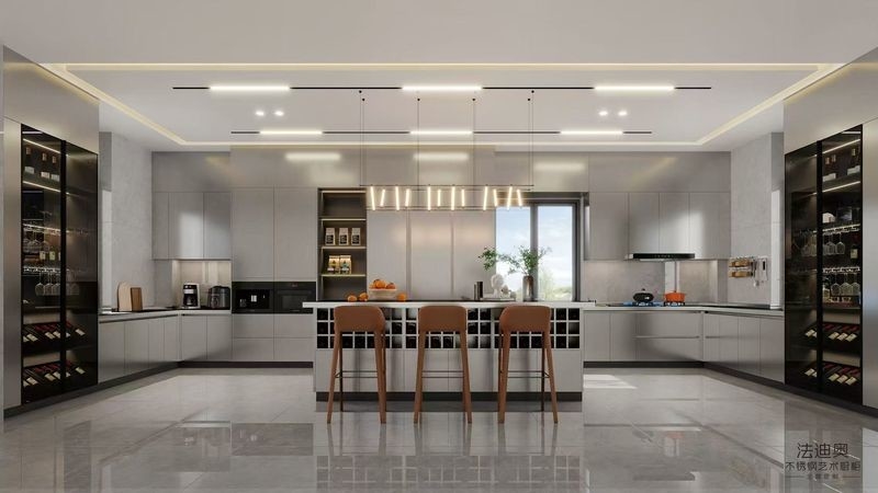 Fadior U-Shaped Original Stainless Steel Color Kitchen Cabinet With Wine Storage Island
