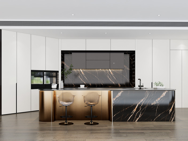 Luxury SS Modern Kitchen Cabinet With Multifunctional Curved Metallic Gold Island